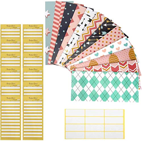 Colovis 12 Pieces Budget Envelopes, Cash Envelopes System for Cash Saving Money Budget Plus 12 Pieces Budget Sheets and 1 Piece Label Sheet