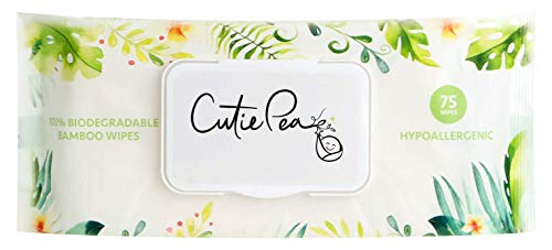100% Biodegradable Bamboo Wipes by Cutie Pea - Dermatologist Approved for Sensitive Skin (12 packs at 75 Count each, 900 total count)