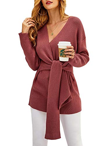 FERBIA Women Sexy Wrap Sweater Cross Wrap Around Tops V Neck Trendy Long Balloon Sleeve Winter Oversized Knit Sweaters