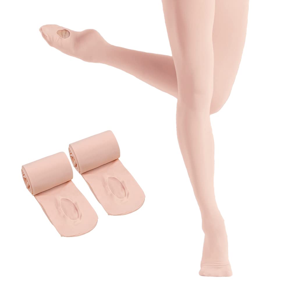 HETH Ballet Tights for Girls - Ultra Soft Dance Tights Convertible Pink Tight (Toddler/Kids) 5-8 Years Ballet Pink (More Peach) - 2 Pack