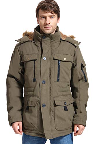 Book Cover Mens Winter Parka Insulated Warm Jacket Military Coat Faux Fur with Pockets and Detachable Fur Hood