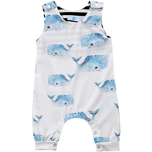 Newborn Baby boy Girl Romper Jumpsuit Sleeveless Animal Cartoon Print Bodysuit Overalls Outfits Clothes (White-Whale, 0-6 Months)