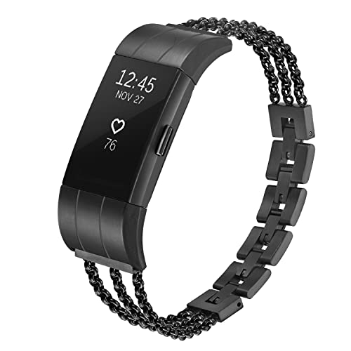 fastgo Compatible for Fitbit Charge 2 Bands, Premium Stainless Steel Metal Replacement Strap Smart Fit Bit Fitness Tracker Bracelet for Charge 2 HR Adjustable Women Girls Presents (Black)