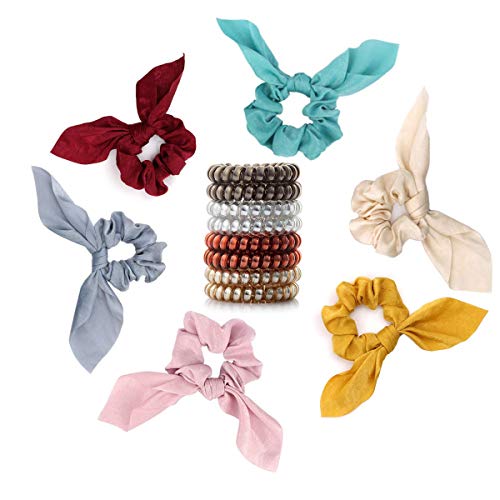 Book Cover 6 Pcs Bow Hair Scrunchies-Bunny Rabbits Ears Elastic Soft Chiffon Ponytail Holder Accessories for Women Girls and 8 Pcs Plastic Coil Hair Ties-Spiral Telephone Cord Hair Ties
