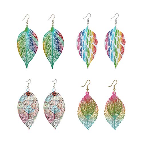 4 Pairs Hollow Printed Leaves Dangle Earrings,Vintage Hook Drop Earrings for Women Fashion Jewelry Bohemia Earrings