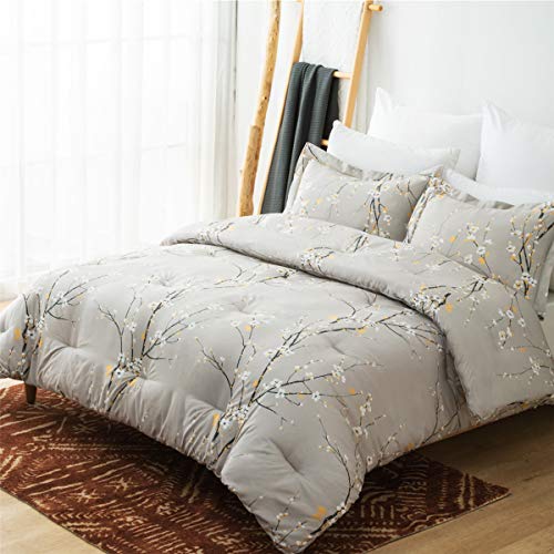 Book Cover Bedsure Comforter Set King Size - Down Alternative Comforter, Microfiber Duvet Sets - 3-Piece (1 Comforter + 2 Pillow Shams), Plum Blossom Pattern, Grey