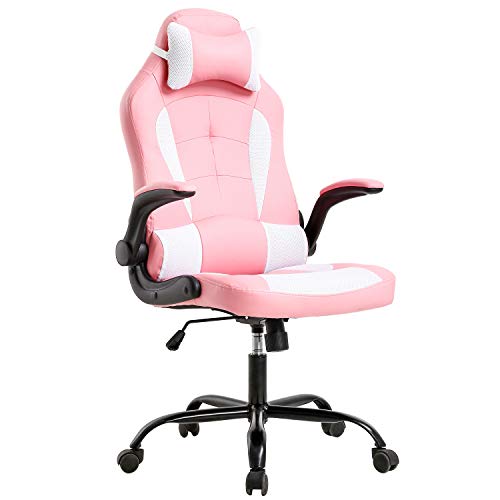 Book Cover Gaming Chair Office Chair Desk Chair with Lumbar Support Flip Up Arms Headrest Swivel Rolling Adjustable PU Leather Racing Computer Chair for Girls,Pink