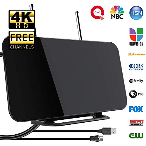 [2019 Newest] TV Antenna, Indoor Digital TV Aerial with Stand 50-80 Miles Range Freeview Amplified HD TV Aerial Support 4K 1080P HD/UHF/VHF/FM Freeview Channel for All Type Built-in Tuner Smart TV