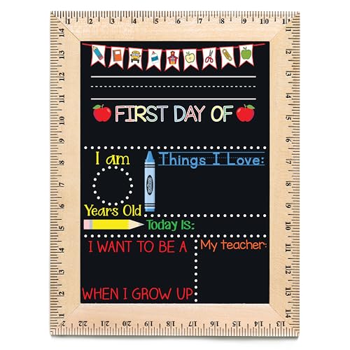 First Day of School Chalkboard, Easy to Clean Reusable Sign with Real Wooden Ruler Frame, Handmade