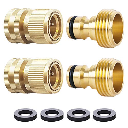 Book Cover HQMPC Garden Hose Quick Connect Solid Brass Quick Connector Garden Hose Fitting Water Hose Connectors 3/4 inch GHT (2Sets) (2Female+2Male)