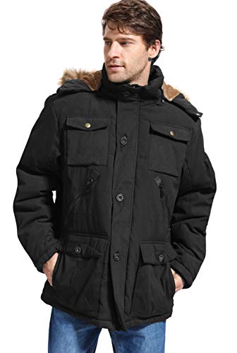 Yozai Mens Winter Parka Insulated Warm Jacket Military Coat Faux Fur with Pockets and Detachable Fur Hood 370 Black Large…
