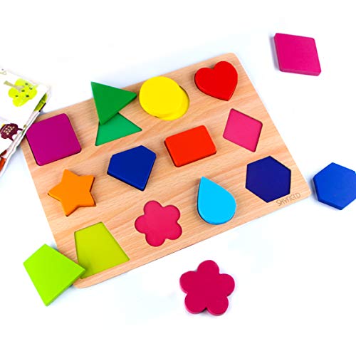 Book Cover SKYFIELD Wooden Shape Puzzles, Vibrant Color Puzzles for Toddlers 1 2 3 Years, Preschool Boys & Girls Educational Learning Toys, Sturdy Wooden Construction , 13.4'' L x 9.8'' W (Shape Puzzle)