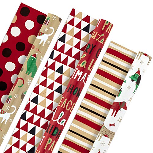 Book Cover Hallmark 5JXW1035 Tri Pack RVRS IOP Pet Focused Roll Wrap, Pack of 3, Christmas, 3