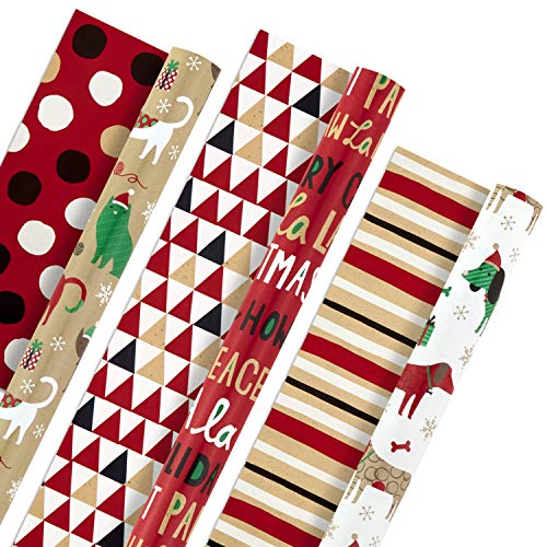 Hallmark Christmas Reversible Wrapping Paper Bundle, Pets and Patterns (Pack of 3, 120 sq. ft. ttl) Cats, Dogs, Stripes, Polka Dots, Paw La La La (5JXW1035)