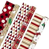 Hallmark Christmas Reversible Wrapping Paper Bundle, Pets and Patterns (Pack of 3, 120 sq. ft. ttl) Cats, Dogs, Stripes, Polka Dots, Paw La La La (5JXW1035)