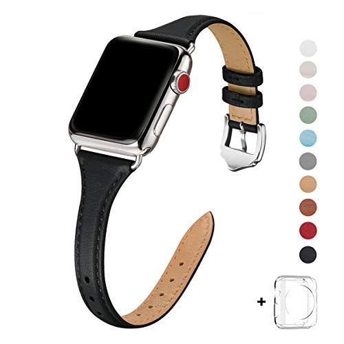 Book Cover WFEAGL Leather Bands Compatible with Apple Watch 38mm 40mm 42mm 44mm, Top Grain Leather Band Slim & Thin Wristband for iWatch Series 5 & Series 4/3/2/1 (Black Band+Silver Adapter, 38mm 40mm)