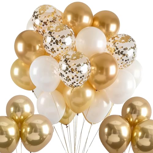 50 Pcs Balloons Set for Parties, Gold Confetti, White and Gold Chrome Pearl Balloon Party Decorations, Baby Shower DÃ©cor, Pack of 50 Thick Balloons, Gold Curling Ribbon, Natural Latex