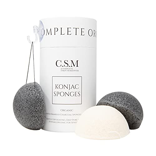 Book Cover CSM Organic Konjac Sponges 3-Pack for Gentle Exfoliating - Facial Cleansing Sponge with Activated Bamboo Charcoal to Clean Pores, Remove Impurities, Exfoliate - 2 Black, 1 White Natural Sponge