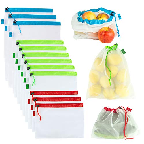 Mesh Reusable Produce Bags, 20 Pack, Small, Medium, Large Sizes, Natural BPA Free Nylon, Shop and Store Vegetables, Fruits, Fresh Foods, Tare Weight Scannable Tags