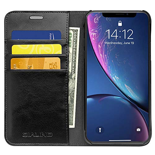 iPhone X XS Wallet Case Black Flip Luxury Genuine Leather Protective Cases with Card Holder for Men Scratch-Proof Covers Support Wireless Charging (Black, iPhone X/XS)