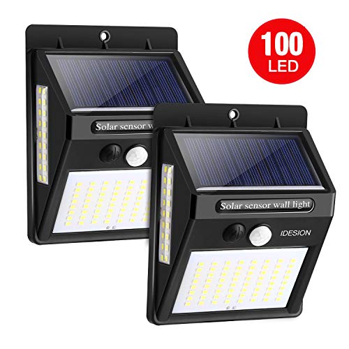 Solar Motion Sensor Light IDESION 100 LED Outdoor 3 Modes 270Â°Wide Angle Waterproof Solar Powered Security Night Light for Garden Fence Deck Patio Garage Yard 2 Pack