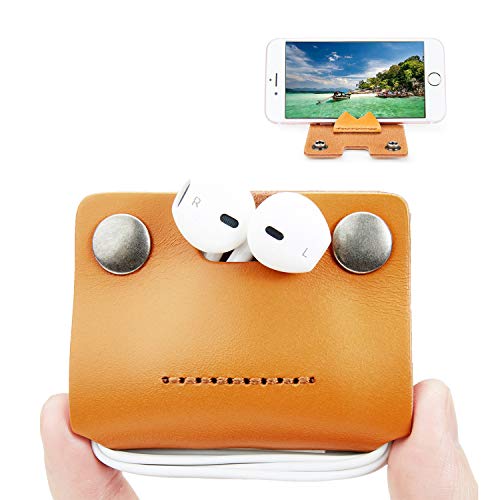 Earbud Holders Case Cord Organizer Earphone Wrap Earphones Organizer Headset Headphone Earphone Wrap Winder Cable Winder Genuine Leather Handmade with Cell Phone Stand Orange
