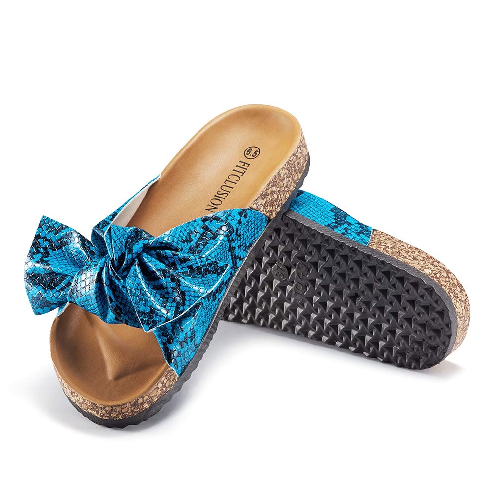 FITCLUSION Slide Sandals Women Cork Sole Casual Slipper Flats with Bow Slipper Footbed Comfortable RED 7 US