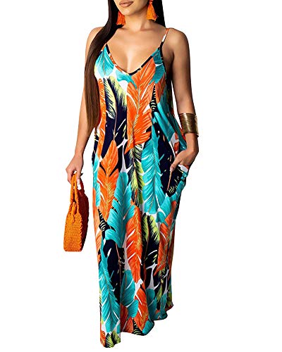 Salimdy Womens Spaghetti Strap Maxi Dress - V Neck Loose Boho Casual Beach Sundress Long Dresses
