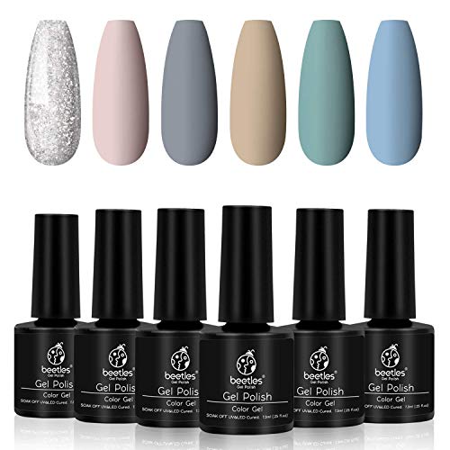 Beetles Cold Glitter Gel Nail Polish Set - 6 Gel Polish Kit Winter Cool Nude Gray Series Nail Polish Gel Nail Kit Nail Art Gift Box, Soak Off Nail Lamp 7.3 ml Each Bottle Holiday Set DIY Home