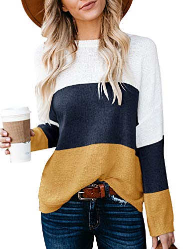 Topstype Womens Long Sleeve Tops Crew Neck Tunics Casual Elegant Color Block Shirts