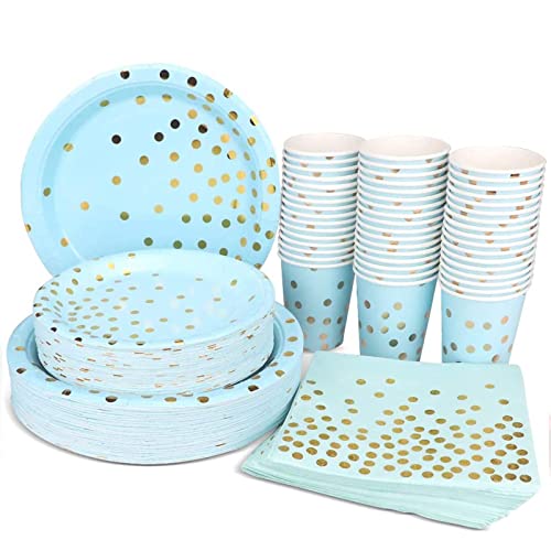 Blue and Gold Party Supplies - 200PCS Disposable Blue Paper Plates Dinnerware Set Gold Dots 50 Dinner Plates 50 Dessert Plates 50 Cups 50 Napkins Wedding Birthday Party Baby Shower Christmas