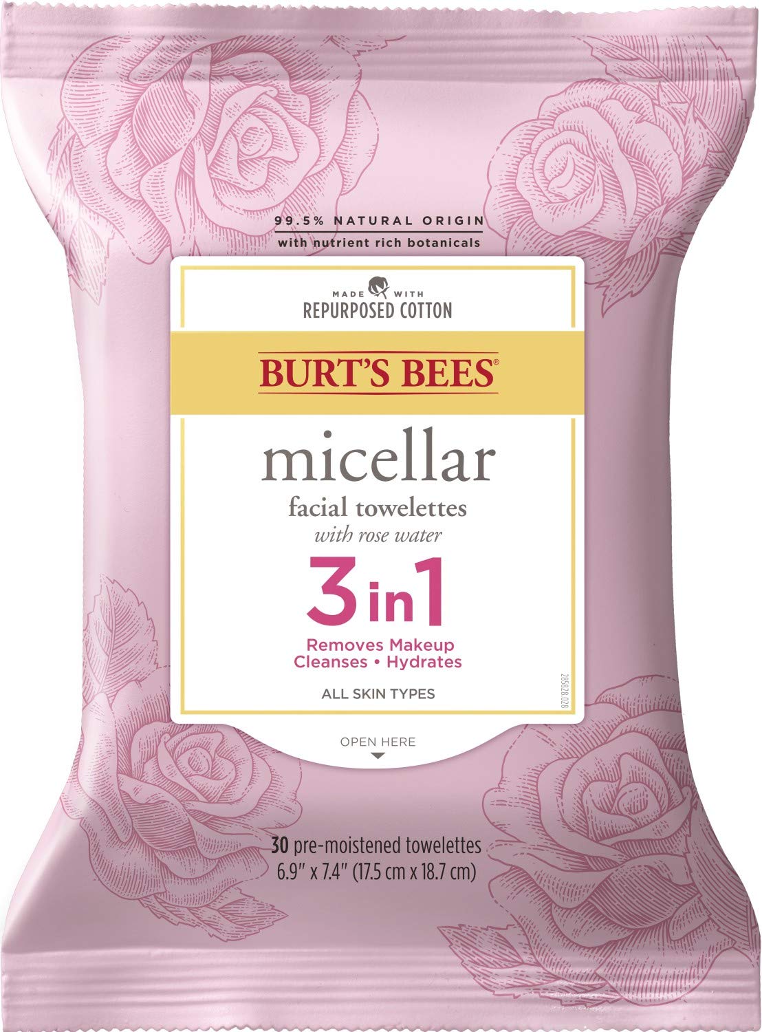 Book Cover Face Wipes, Burt's Bees Facial Cleansing, Makeup Remover Towelettes with Rose Water, 3 in 1 Hydrating Micellar Cleanser, 30 Count 30 Count (Pack of 1) Rose