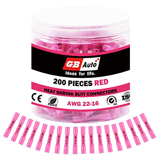 GBAuto Red Heat Shrink Butt Connectors 22-16 Gauge-Insulated Waterproof Electrical Connectors Wire Terminals Marine Automotive Crimp-Butt Splice Connectors - 200PCS