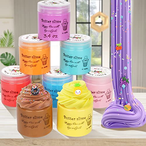 8 Pack Butter Slime Kit, with Mint, Watermelon, Candy, Coffee and Lemon Slime, Stretchy and Non-Sticky, Stress Relief Toys for Girl Boys