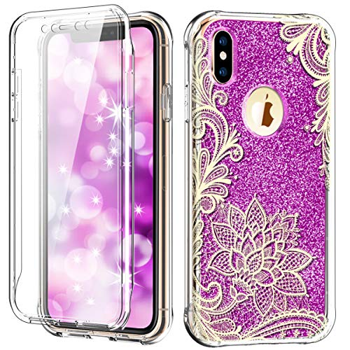 PIXIU Unique Lace Flower Design for iPhone Xs Max Case,Lightweight Full Body Shockproof Protective Bling Case Cover (Built in Screen Protector) for Apple iPhone Xs Max 6.5 inch Pink