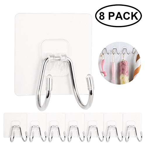 Lefree Double Hooks Stainless Steel，8 Pack Wall Hooks  Transparent Reusable Seamless Waterproof and Oilproof,Bathroom Kitchen Heavy Duty Self Adhesive Hooks