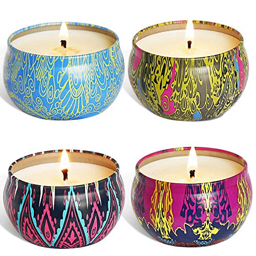Scented Candles Gift Set, Natural Soy Wax Travel Tin Candle Stress Relief Aromatherapy with Sweet Odor 4-Pack(Lemon, Fig, Lavender, Spring Fresh)