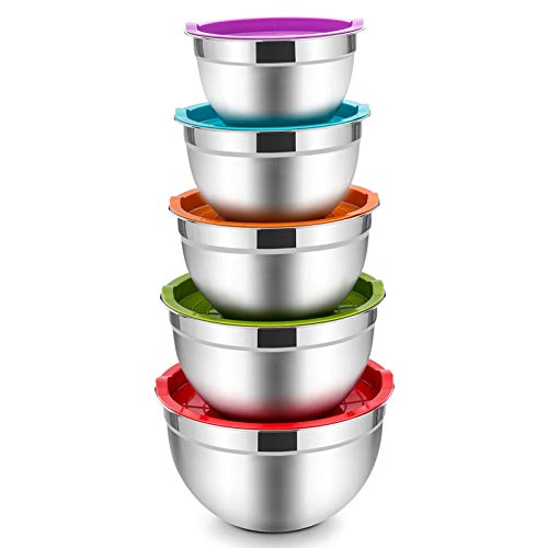 Mixing Bowls with Lids Set of 5, E-far Stainless Steel Mixing Bowls Metal Nesting Bowls, Airtight Lids & Scale Marks, Healthy & Easy Clean, Great for Cooking, Baking, Serving - Size 1.5/2.5/3/4/5 QT