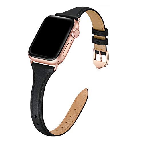 Book Cover WFEAGL Leather Bands Compatible with Apple Watch 38mm 40mm 42mm 44mm, Top Grain Leather Band Slim & Thin Replacement Wristband for iWatch Series 4/3/2/1 (Wine Band+Rose Gold Adapter, 38mm 40mm)