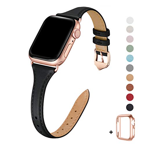 Book Cover WFEAGL Leather Bands Compatible with Apple Watch 38mm 40mm 42mm 44mm, Top Grain Leather Band Slim & Thin Wristband for iWatch Series 5 & Series 4/3/2/1 (Black Band+Rose Gold Adapter, 38mm 40mm)