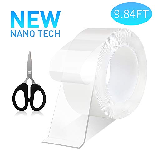 Nano Adhesive Tape Sticky Multi-Function Transparent Double-Sided Tape with Scissors, Anti-Slip Traceless Washable Reusable Gel Pad Grip for Paste Photos, Kitchen Tools, Fix Carpet Mats(9.84 ft)