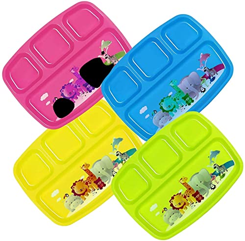 PLASKIDY Kids Plastic 4-Compartment Plates With Dividers - Set of 4 Toddler Divided Plate Brightly Colored Children Divided Tray Dishwasher Safe BPA Free With Fun Zoo Design