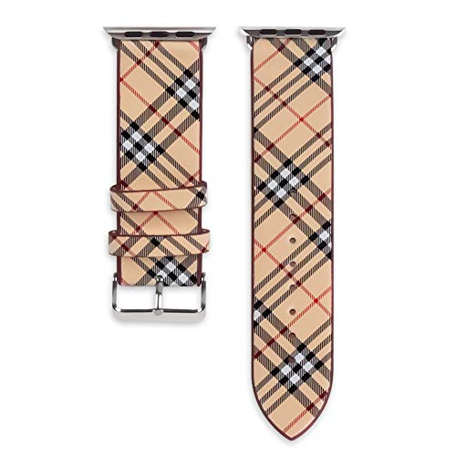 Book Cover 44mm 42mm Tartan Plaid Style Replacement Strap Wrist Band Watch Band with Silver Metal Adapter Compatible for Apple Watch Series 4 3 2 1 (Not fit for iWatch 40mm/38mm) Khaki