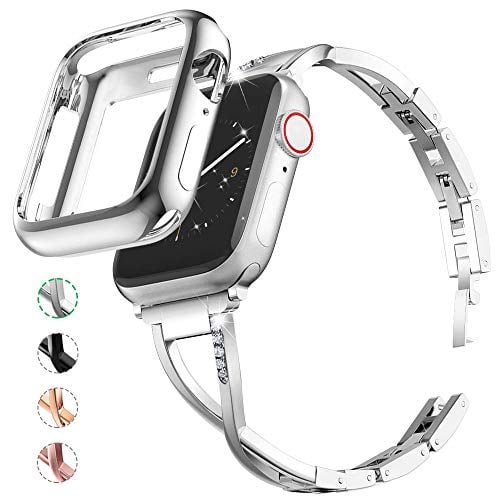 Book Cover Marge Plus Compatible with Apple Watch Band 38mm 40mm with Case, Women Bling Wristband for iWatch Series 5 4 3 2 1 Metal Stylish Strap, Silver