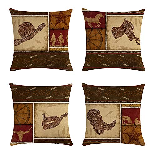 Book Cover geinne 4pack Cowboy Style Throw Pillow Case Vintage Western Cowboys Riding Horses Theme Decorative Square Cotton Linen Cushion Cover for 18 X 18 Inch Pillow Inserts (Cowboy-2)