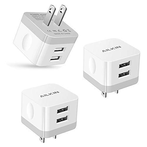 Book Cover 3Pack USB Charger Wall Charger Plug, AILKIN 2.4A Dual Port USB Adapter Power Cube Charge Station Box Base Replacement for iPhone XR XS MAX X/8/7, iPad, Samsung, LG, Pixel Phones USB Charging Block â€¦