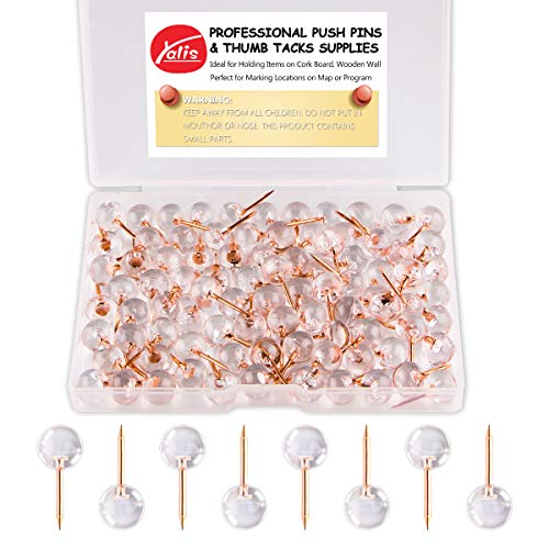 Book Cover Yalis Push Pins 1/3 Inch Rose Gold Map Tacks 100-Count Large Size Pins Rose Gold Steel Point and Transparent Plastic Round Head (Rose Gold)