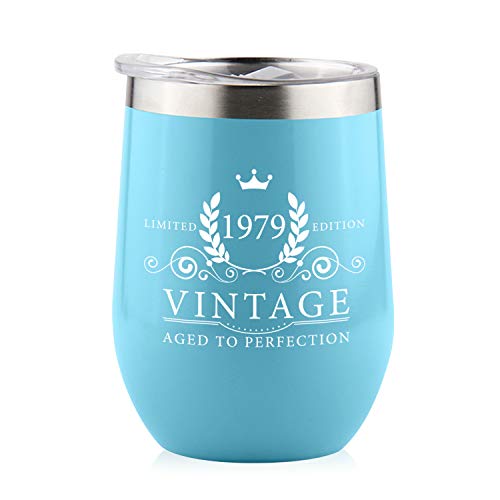 1979 40th Birthday Gifts for Women Men - Splash Proof 12 oz Stainless Steel Wine Tumbler | Funny Gift Ideas for Her Wife Mom Grandma Him Dad | Insulated Wine Glass for Party Decorations (Blue, 1979)