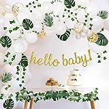 Sweet Baby Co. Boho Fake Greenery Baby Shower Decorations Neutral with Balloon Garland Arch Kit, Oh Baby Banner, Green Ivy Leaf Garland Vines Decoration Decor for Jungle Safari Woodland Backdrop Theme