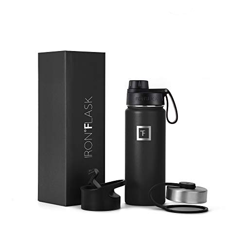 IRON °FLASK Camping & Hiking Hydration Flask with Spout, Wide Mouth Insulated Stainless Steel Sports Water Bottle - 18 oz Midnight Black